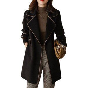 ✨ Women Black Lapel Open Front Wool Coat Wool Blend Trench Pea Coat with Belt
